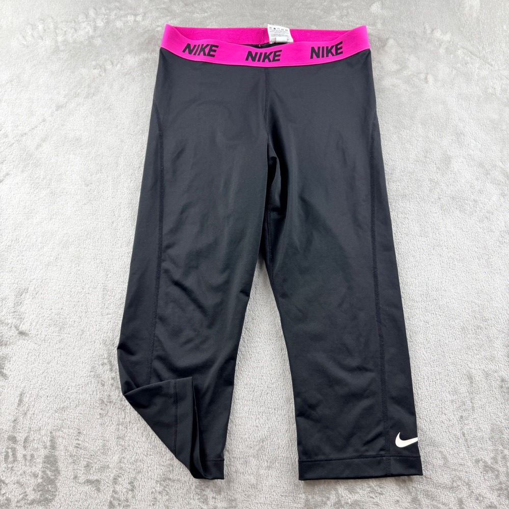Nike Dri-FIT Women's Large Black Pink Logo Waistband Capri Leggings RN56323
